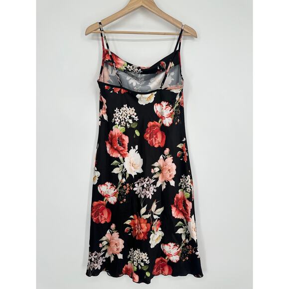 Bebe Satin Midi Slip Dress Floral Print Draped Cowl Neck Spaghetti Strap Black - Picture 6 of 10